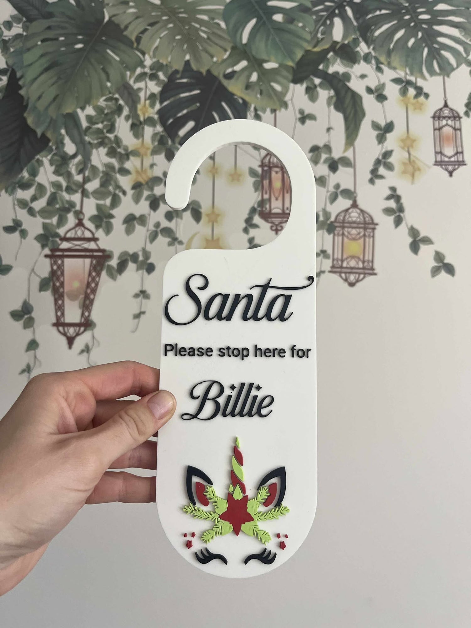 Personalised Christmas Door Sign – “Santa Please Stop Here” (Christmas Unicorn Edition)