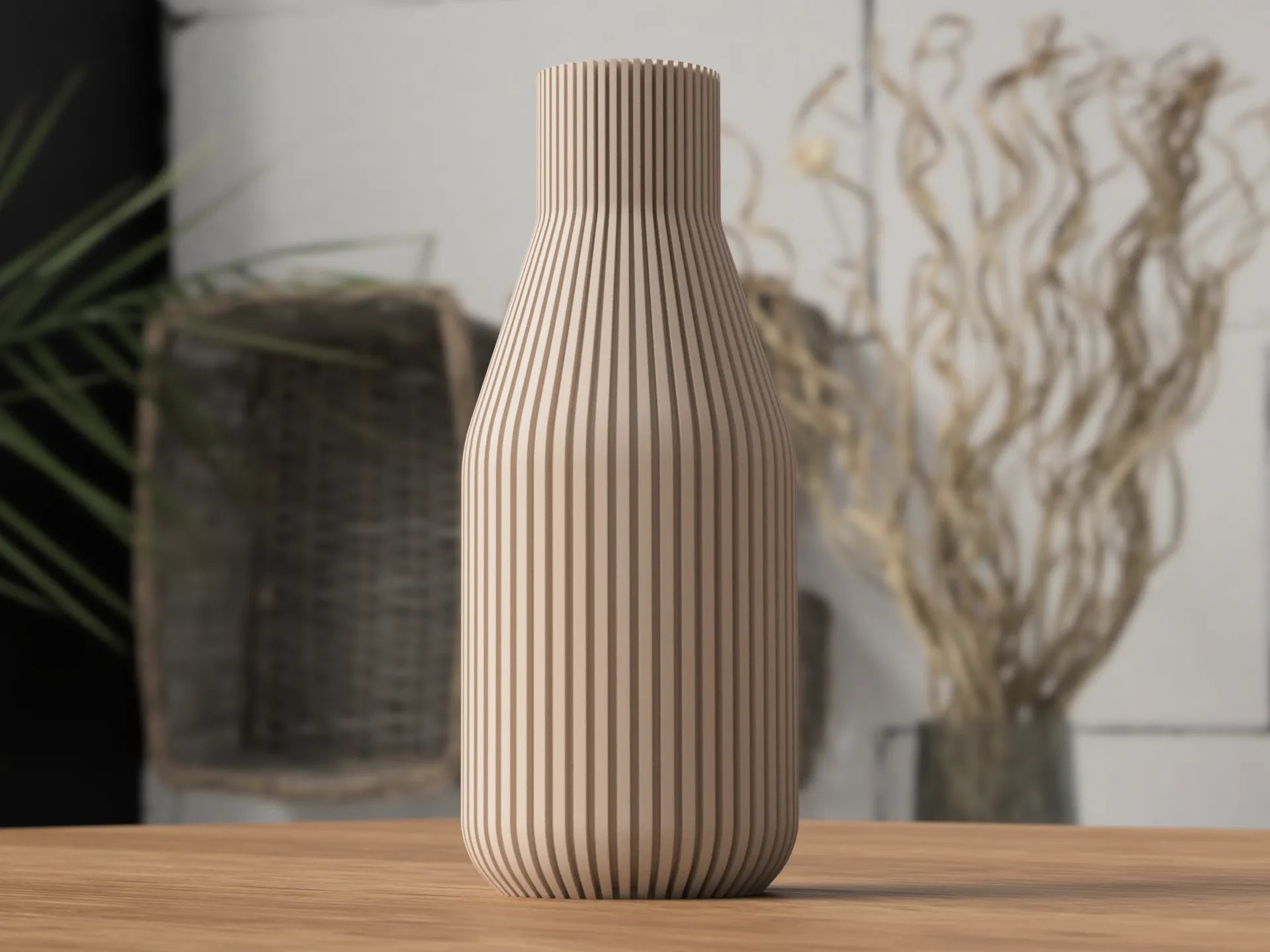 Modern beige 3D printed ribbed vase with a vertical texture, displayed on a wooden surface with dried plant decor in the background.
