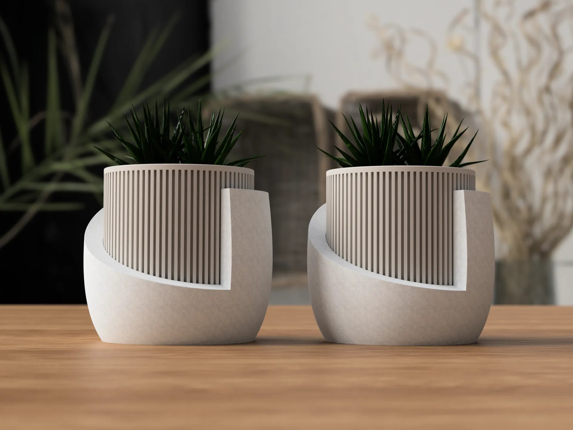 Pair of beige ribbed planters with modern wrap-around design, featuring greenery on a wooden surface