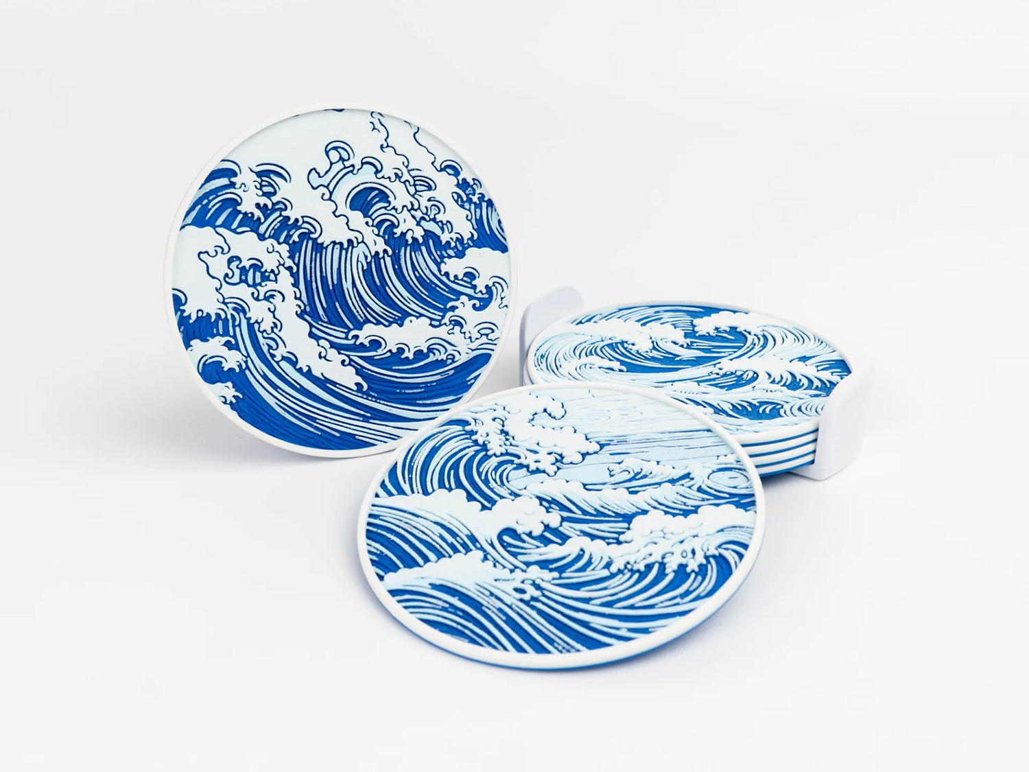 Elegant Blue Ocean Wave Coasters – Art-Inspired Drink Mats